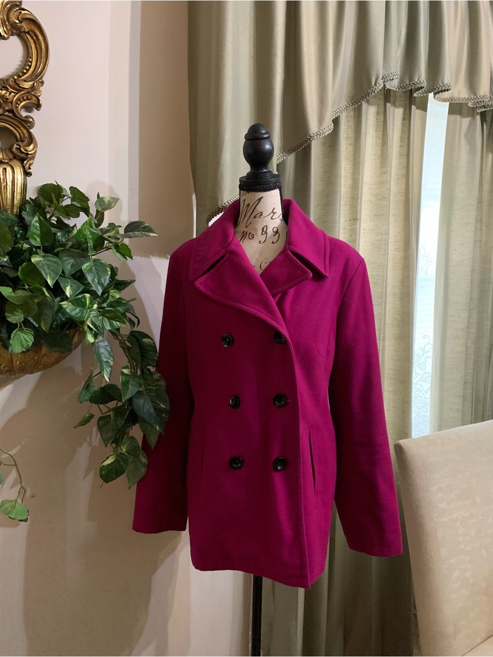 New York & Company Magenta Double-Breasted Peacoat
